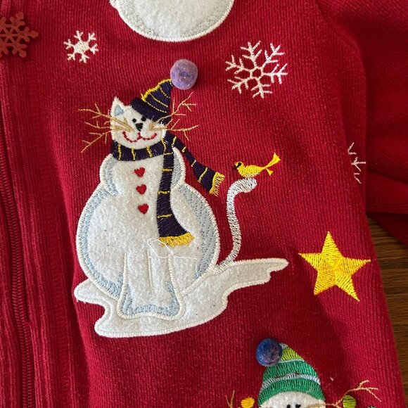 Vintage 80s Christmas CAT Full Zip Embroidered Sweater Size Petite Large Snowman - Picture 4 of 12